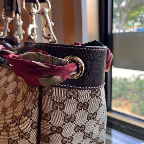 GUCCI Positano Small Beige Brown GG Canvas Leather Tote Bag - Picture 14 of 16